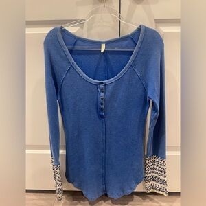 Free People Blue Long Sleeve Top with Patterned Cuffs